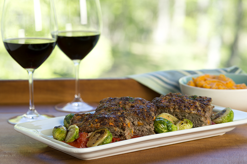 Bison Meatloaf with Butternut Squash Puree and Sautéed Brussels Sprouts